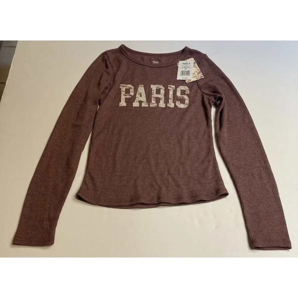 Pink Republic Women's Maroon Paris Graphic Scoop Neck Long Sleeve Knit Top M